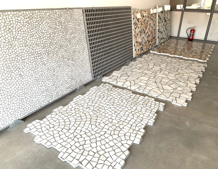 Hand-cast terrazzo slabs with straight and jigsaw cut