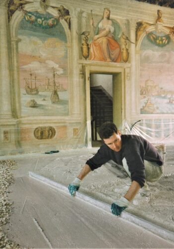 In-situ terrazzo floor installation, archival image